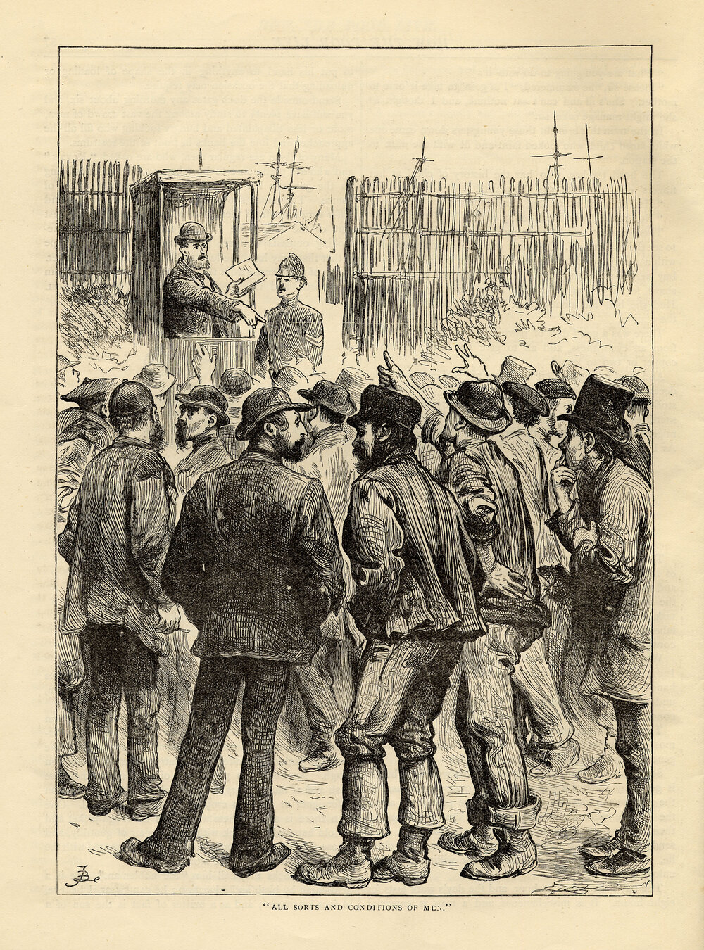 Casuals at dock gates, 1889