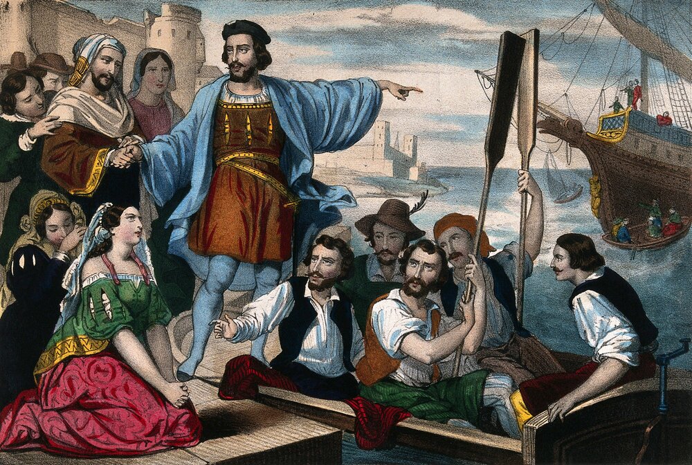 Christopher Columbus, surrounded by a crowd of people, is about to embark on his ship, August 1492. Coloured lithograph, ca. 1850.