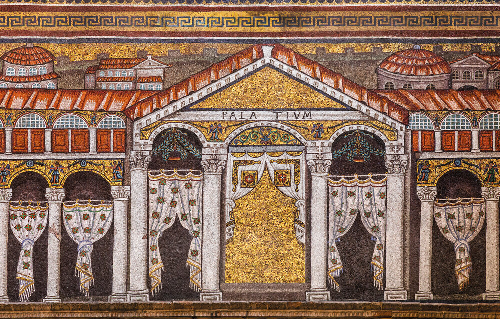 The Palace mosaic with the walled city of Ravenna behind it