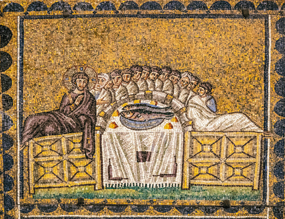 A mosaic of the Last Supper, with Christ and the twelve disciples