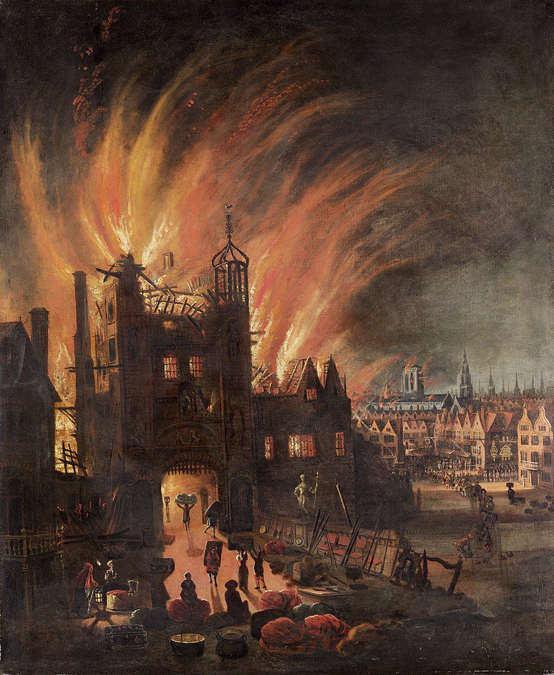 Ludgate in flames, with St Paul's Cathedral in the distance