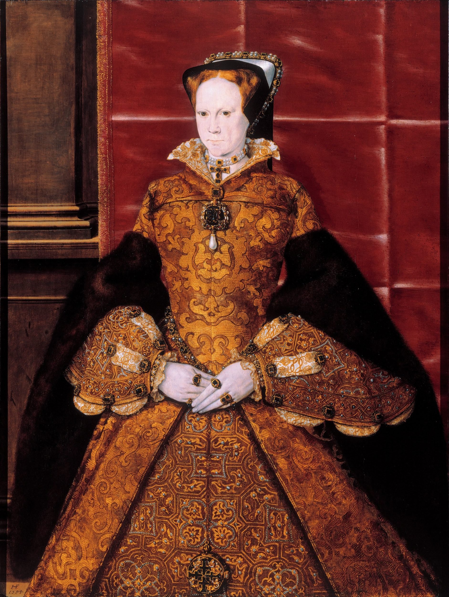 Mary I by Hans Eworth (with the reliquary dangling from her girdle)