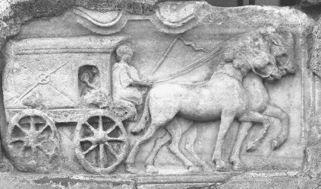 Covered wagon relief from a Roman tombstone in the church wall of Maria Saal, Austria.