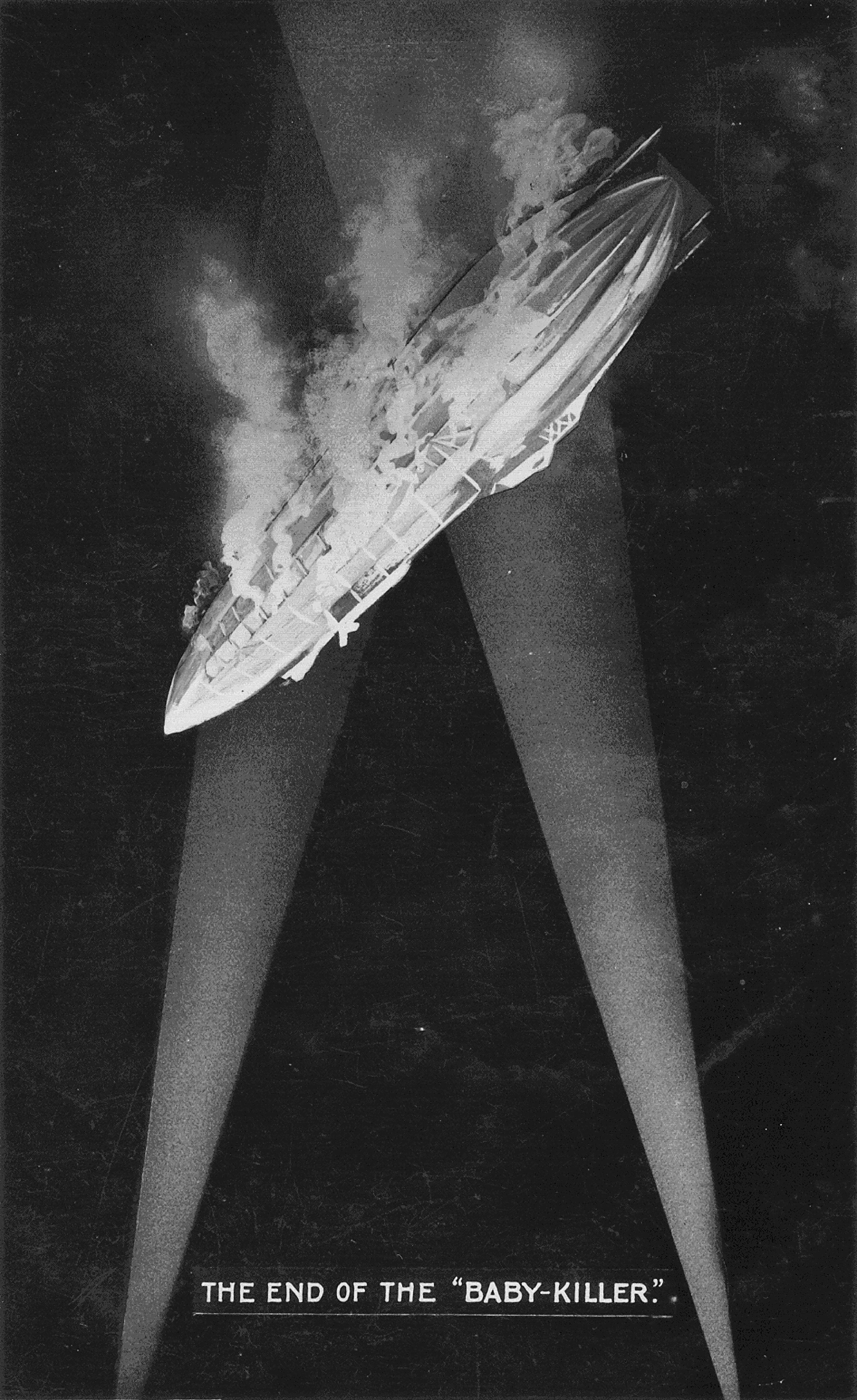 A World War One poster showing a zeppelin in flames