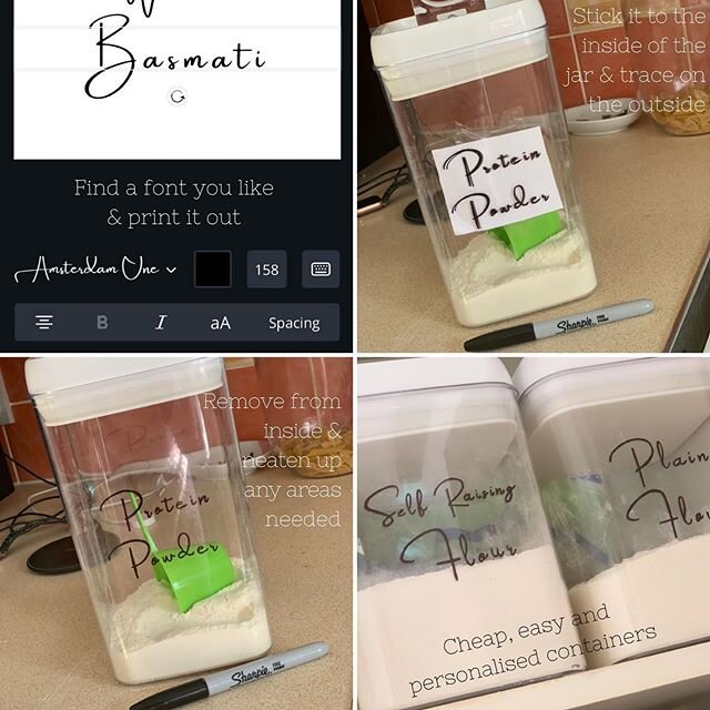 Want to personalise your clear containers but not sure how? This cheap and easy method only requires a printer and a sharpie! 🥳

Use your computer to find a font you like (we use Canva but you can use Word or anything similar). Write out your produc