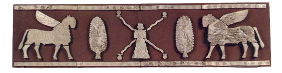 In this 13th century BCE ivory inlay from Asshur in northern Mesopotamia, four streams issue from a deity, flanked by two trees that are protected by two winged bulls.