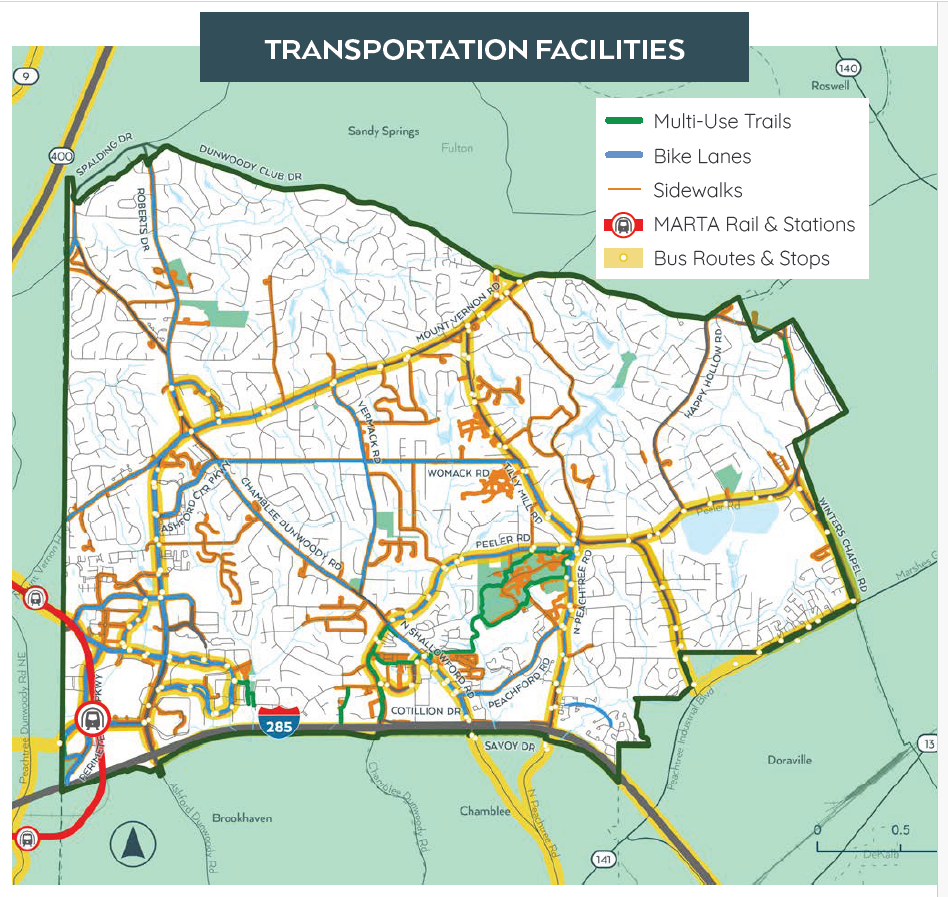 Map showing existing and planned transportation facilities, including sidewalks, trails, bike lanes, and transit connections.