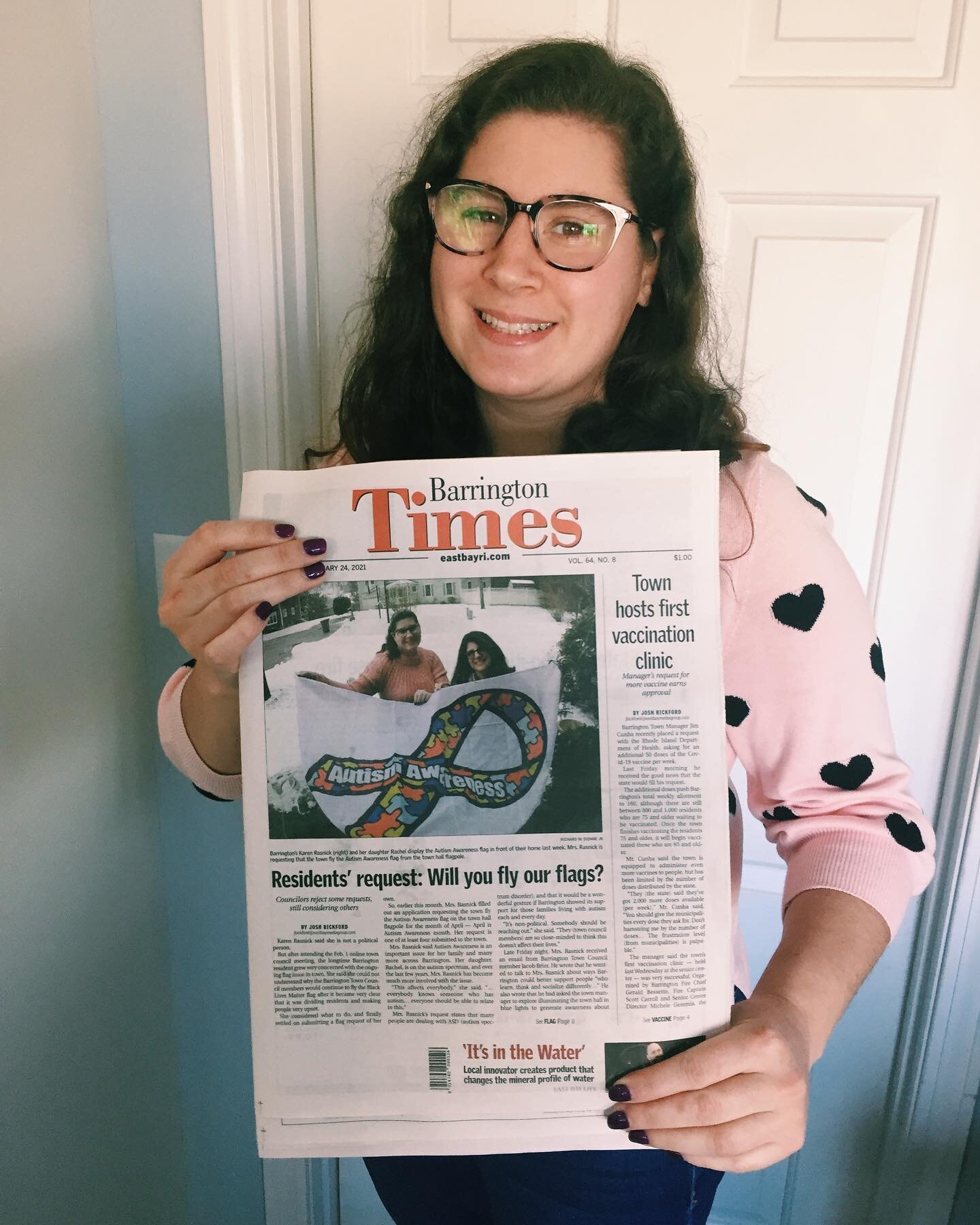 I&rsquo;m honored to be featured on the FRONT PAGE of the Barrington Times for our effort in getting the Autism Awareness flag hung up in the center of town for the month of April. Society has come a long way in advocating for those with disabilities