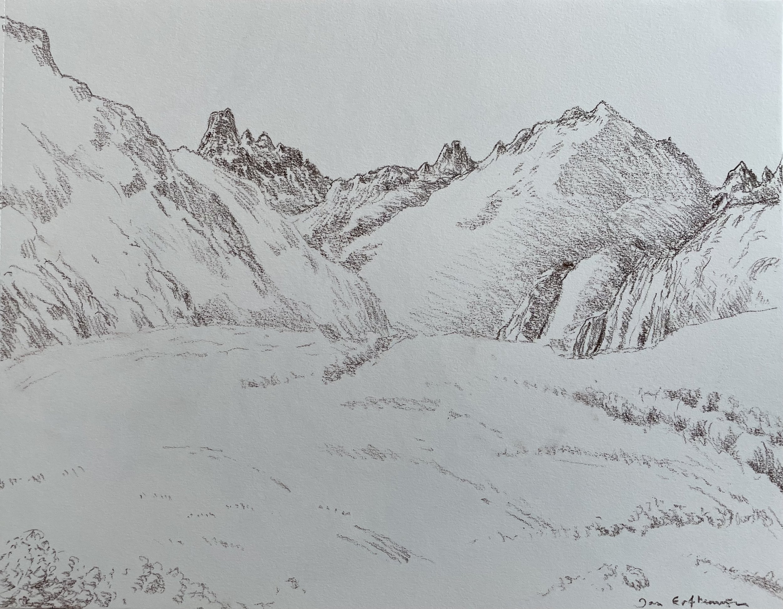 Pic Uriellu (study in brown pencil on paper, 30 x 40 cm).