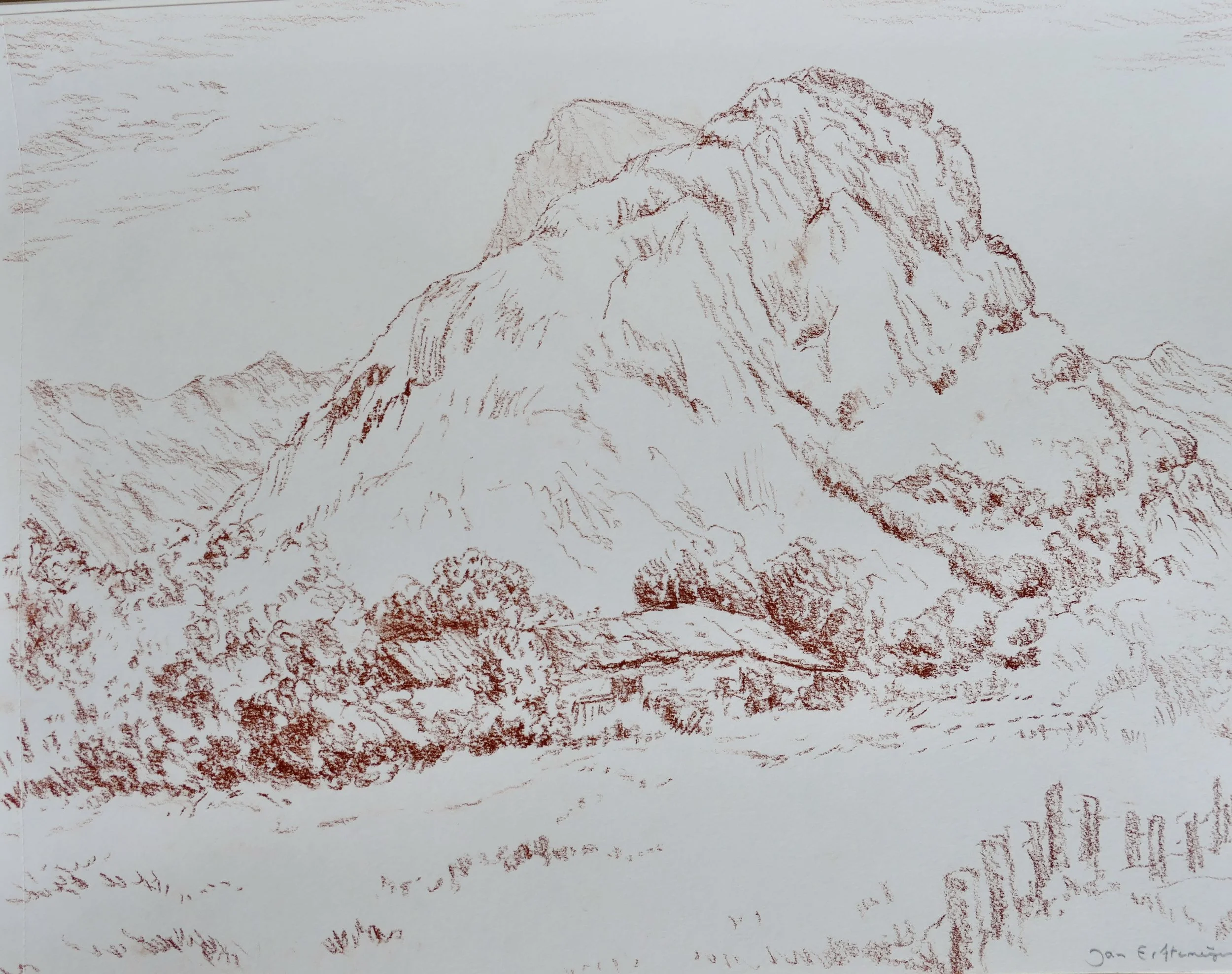 A group of huts in front of a mountain (sanguine 30 x 40 cm).