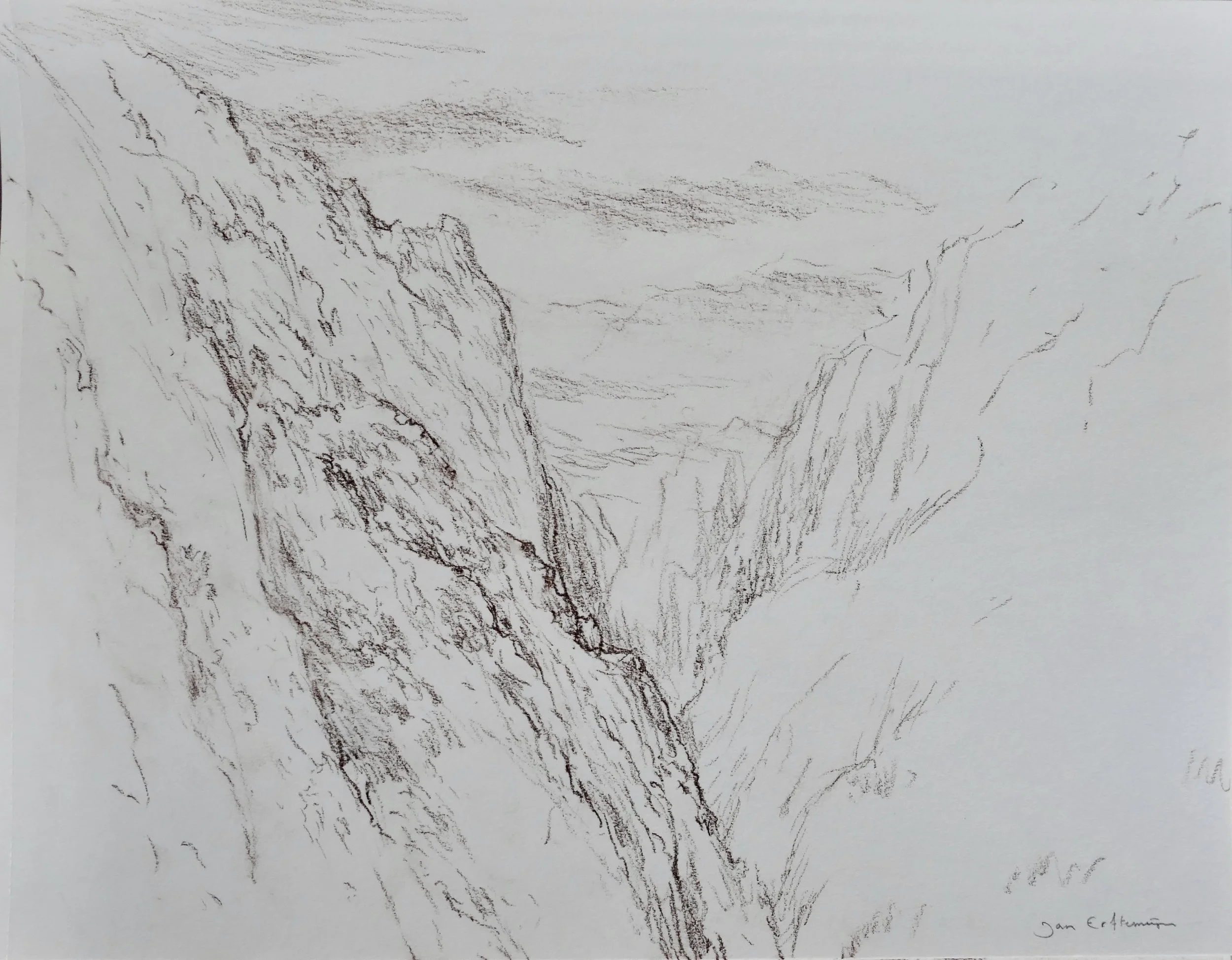 View into the gorge of river Cares (brown crayon 30 x 40 cm)