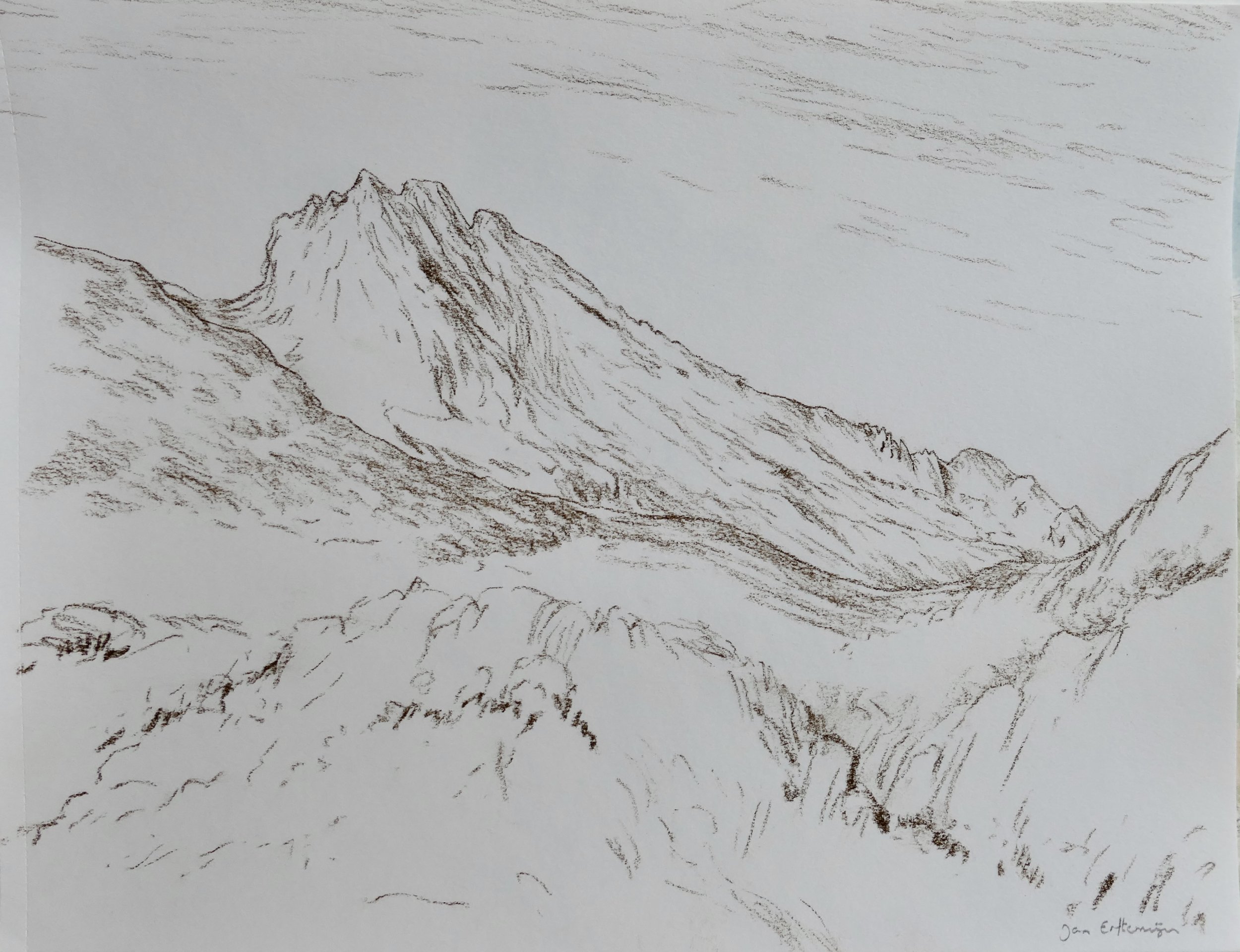 Mountain panorama from Sotres (brown crayon 30 x 40 cm)