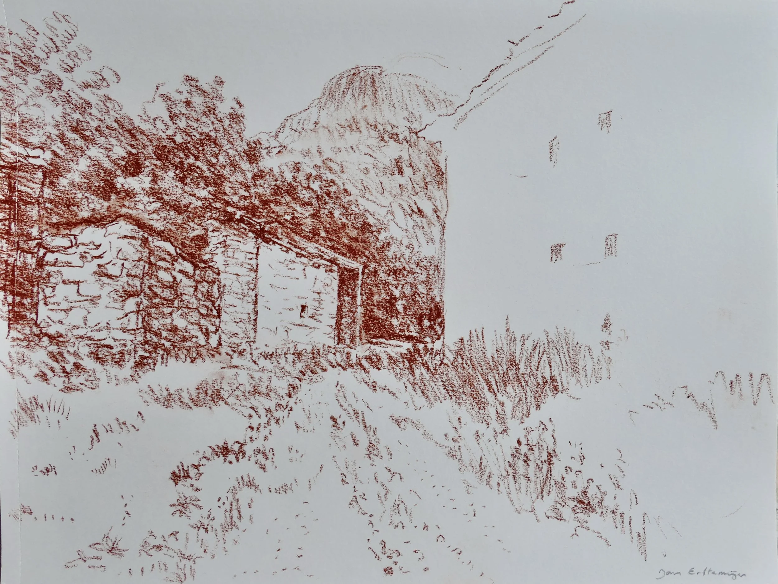 Study of mountain huts in strong sunlight (sanguine 30 x 40 cm)