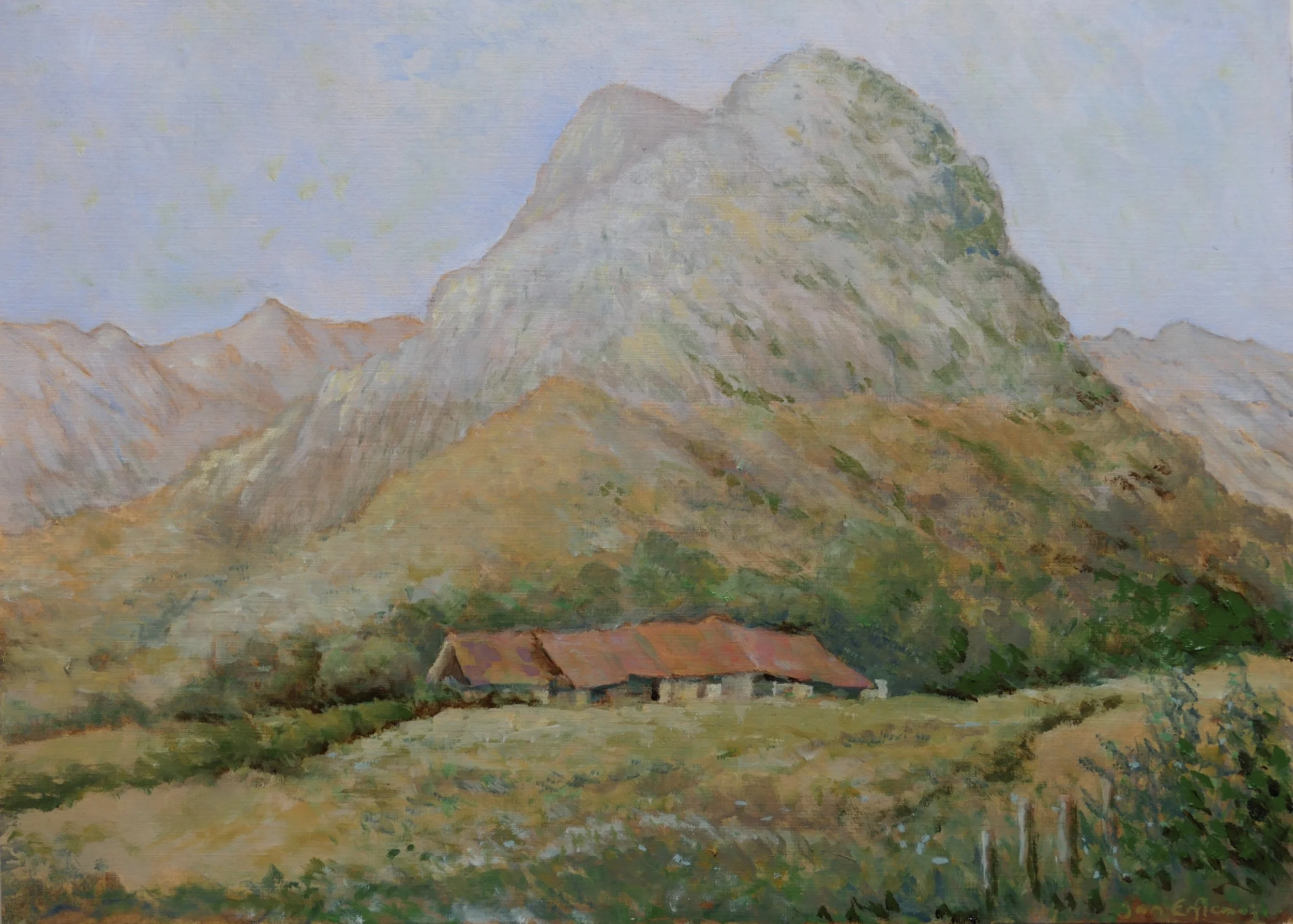 A group of huts in front of a mountain (oil on prepared paper, 30 x 40 cm).