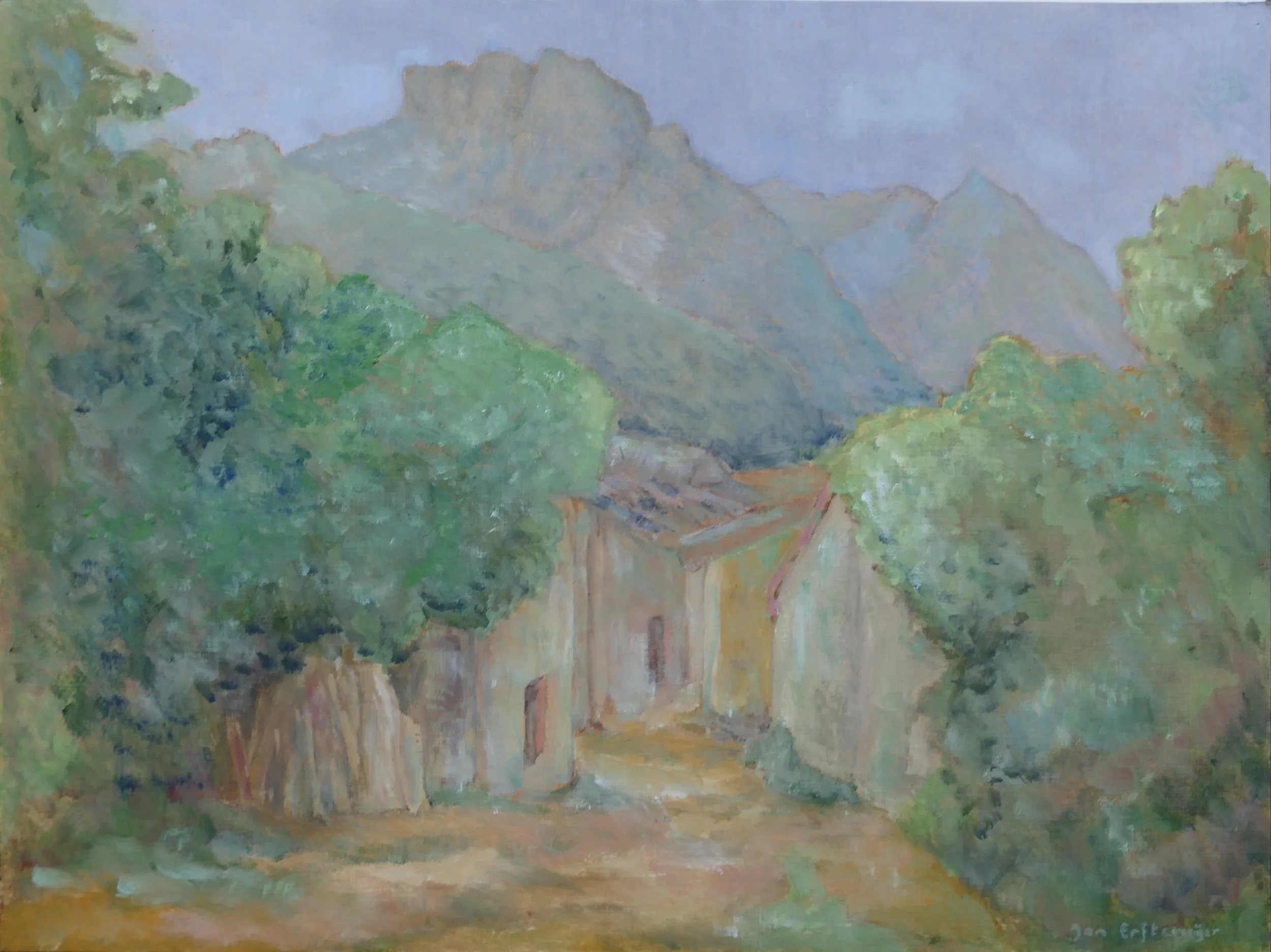 Old houses with mountains in the background (oil on prepared paper 30 x 40 cm)