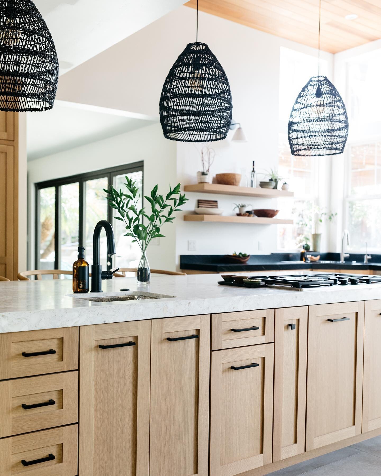 Can an island realllyyy ever be TOO big? As long as you have the space, we say go for it! General rule: leave 42-48 inches of space around your island. This will keep the kitchen from feeling cramped and instead make the island placement harmonious w