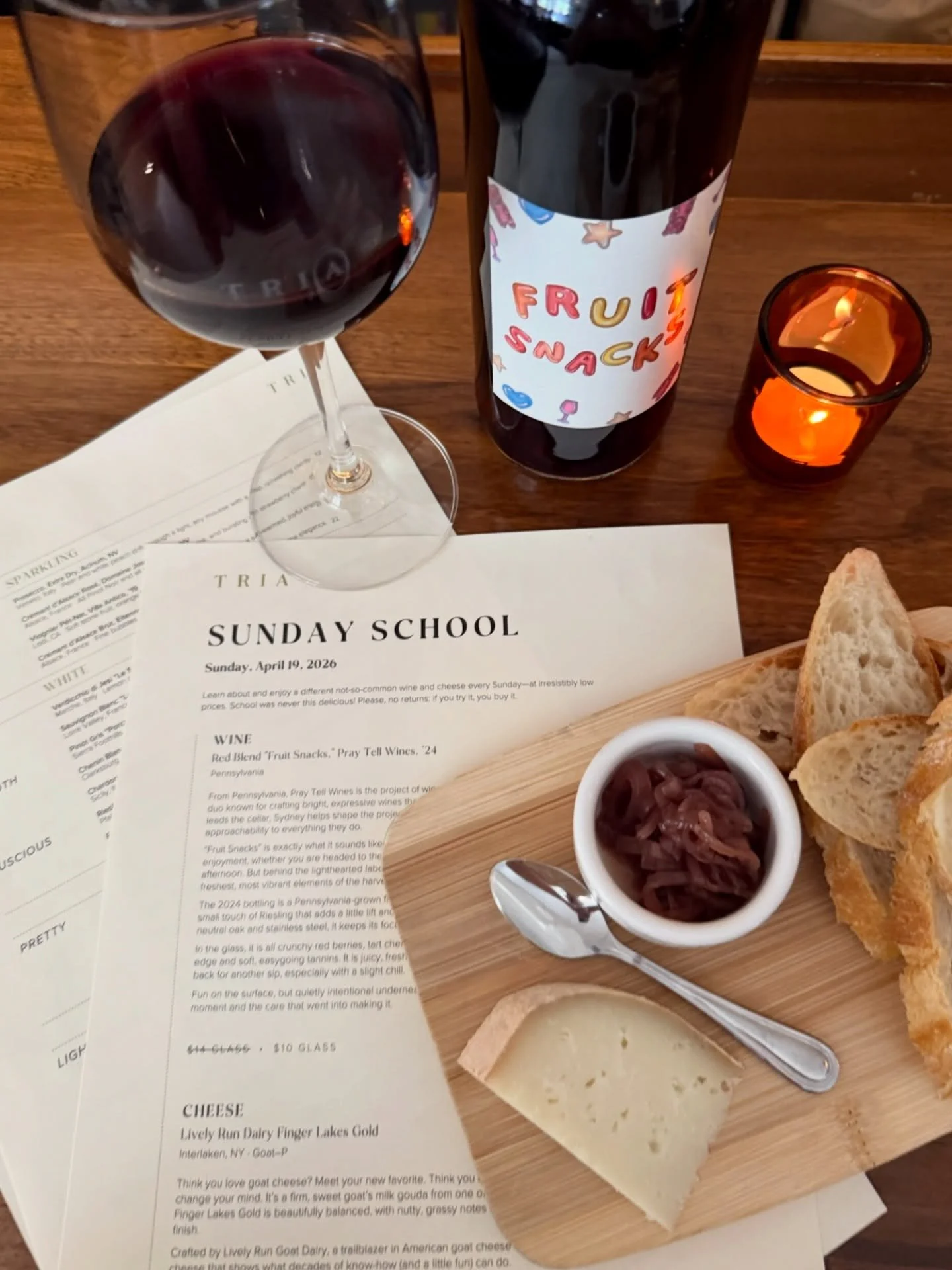Sunday School is in session 🍷🧀

This week:
🍷 &ldquo;Fruit Snacks&rdquo; by @praytellwines &mdash; a bright PA red with crunchy red berries, tart cherry, and just a hint of chillable, easygoing structure

🧀 Finger Lakes Gold from @livelyrundairy &