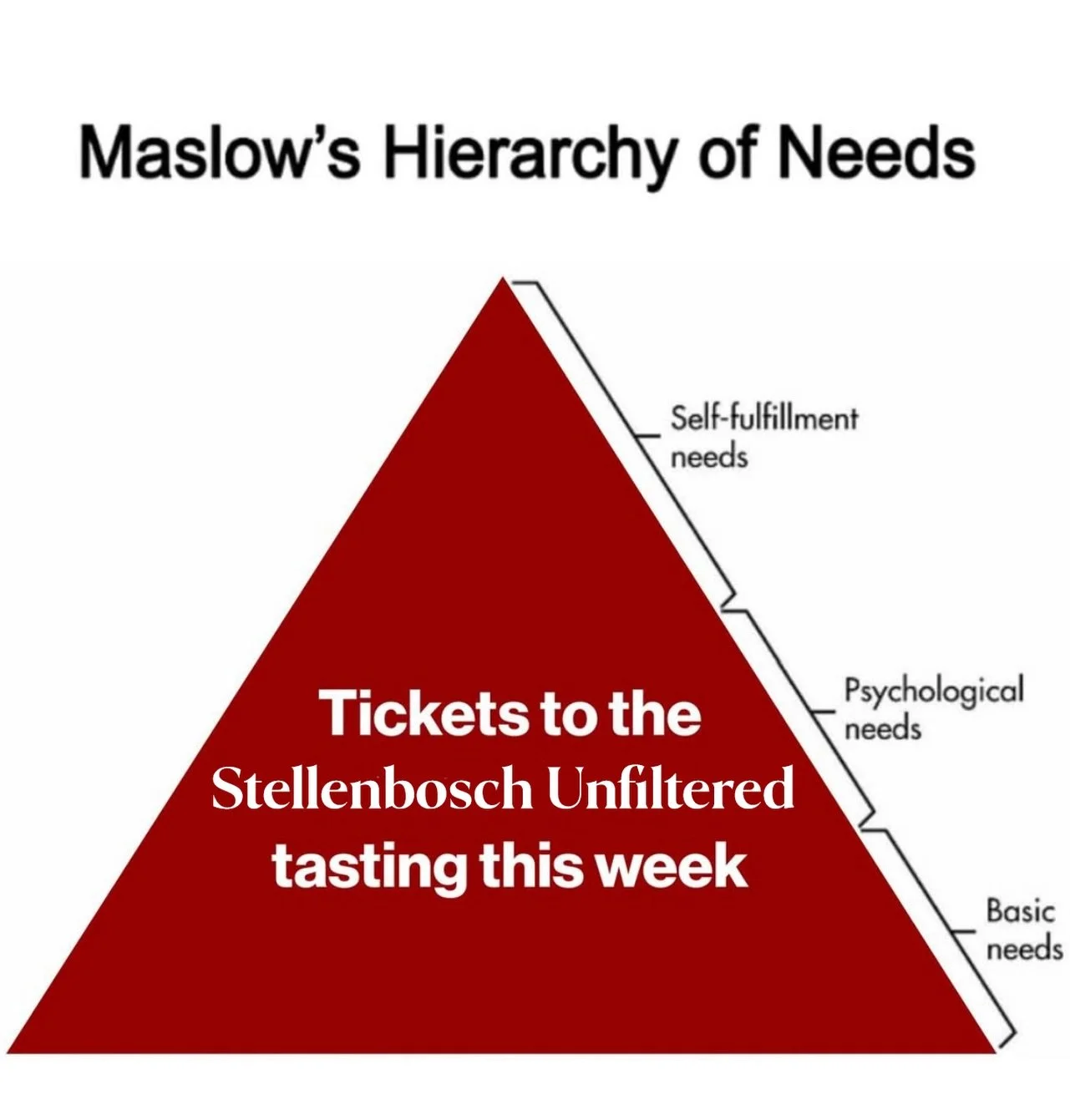 Somewhere between &ldquo;basic needs&rdquo; and &ldquo;self-fulfillment&rdquo; is a glass of really good wine 🍷
Join us for Stellenbosch Unfiltered this week.
Grab your tickets before they&rsquo;re gone.
Tickets in bio!