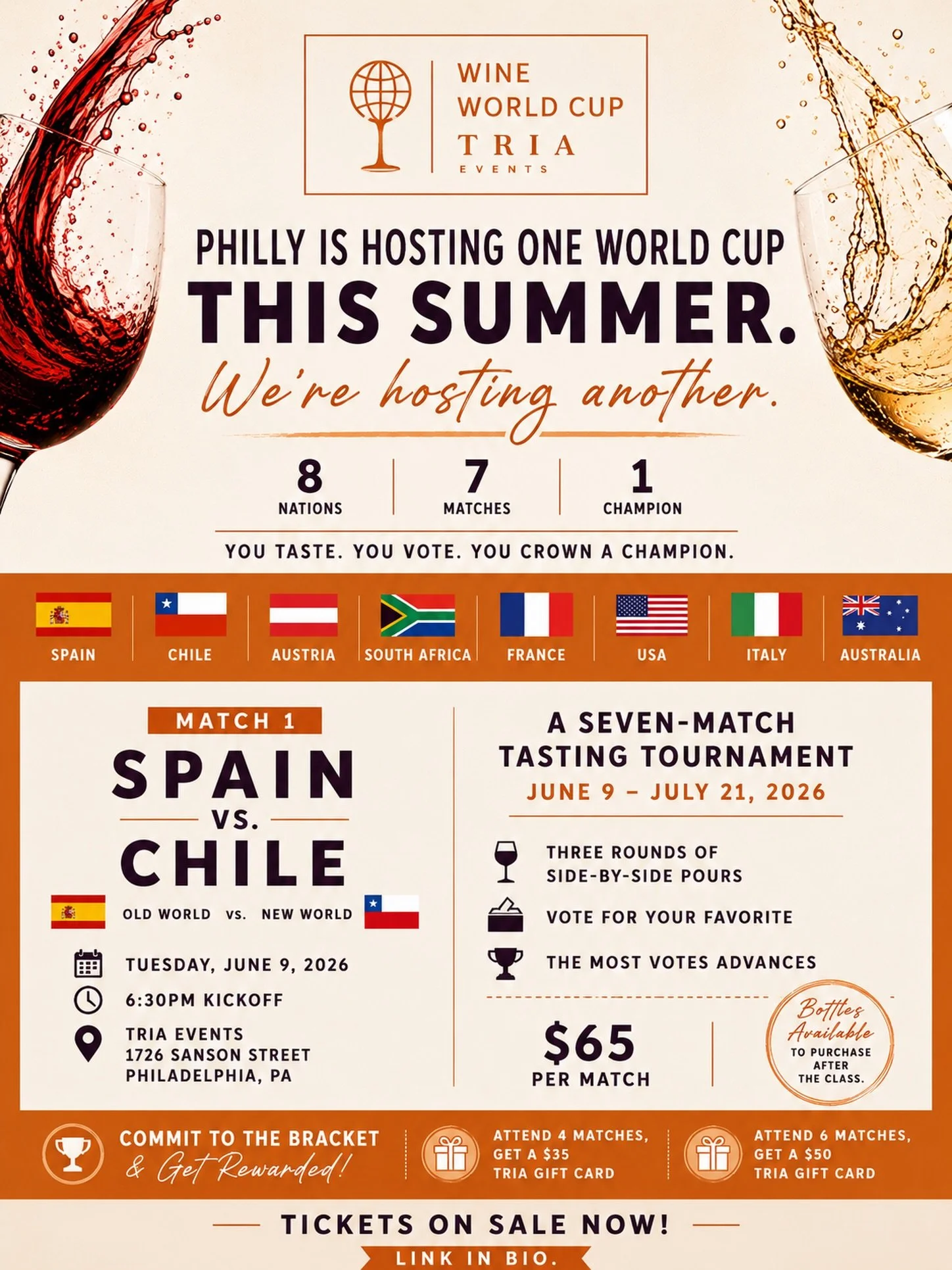 Philadelphia is hosting one World Cup this summer.
We&rsquo;re hosting another. 🍷⚽️

Introducing the Tria Wine World Cup &mdash; a seven-match tasting tournament where eight celebrated wine-producing nations go head-to-head in blind tasting matchups