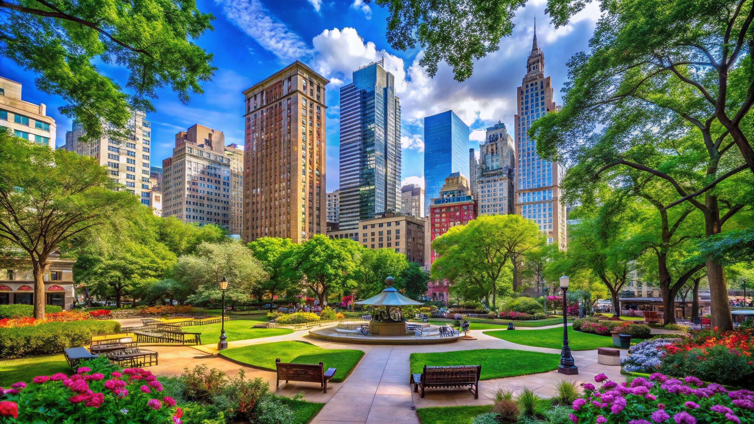 A city park with green trees, colorful flowers, park benches, a fountain, and tall skyscrapers in the background, under a partly cloudy blue sky.