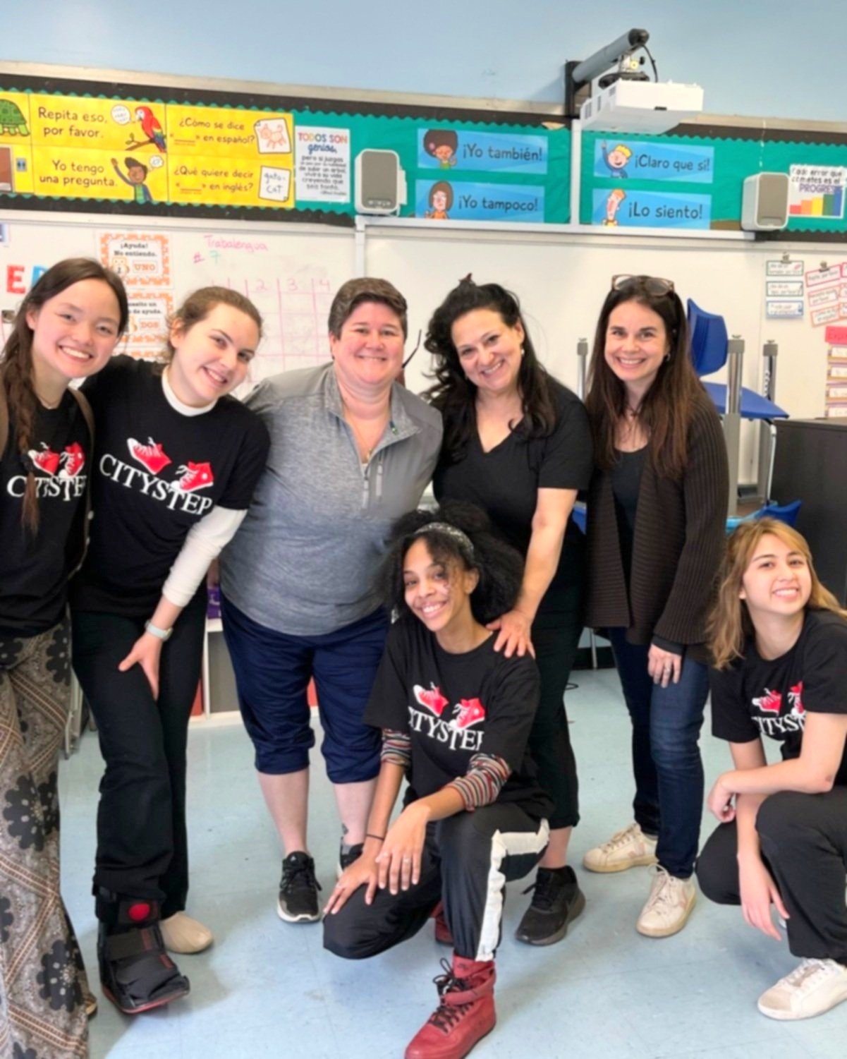  The Co-Executive Director team with CityStep Founder Sabrina Tracy Peck, guest teacher Flor Quispe, MS245’s principal, and a teacher 