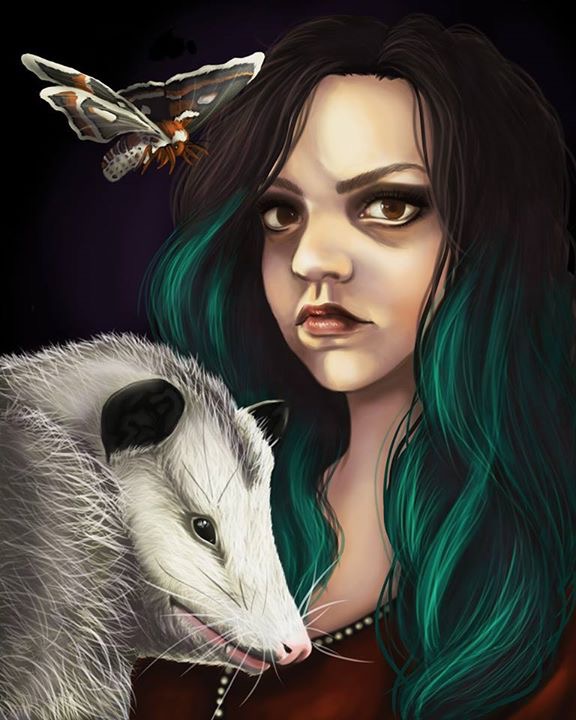"Woman with Opossum and Moth"