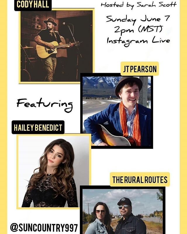 This Sunday, tomorrow at 2 pm (MST) on Instagram live!
.
Join @codyhallmusic @thatsmehaileyb @theruralroutes @sarahonairhighriver and I for some great Alberta country! This will be a blast, I can't wait to play some music for y'all! Thanks for having