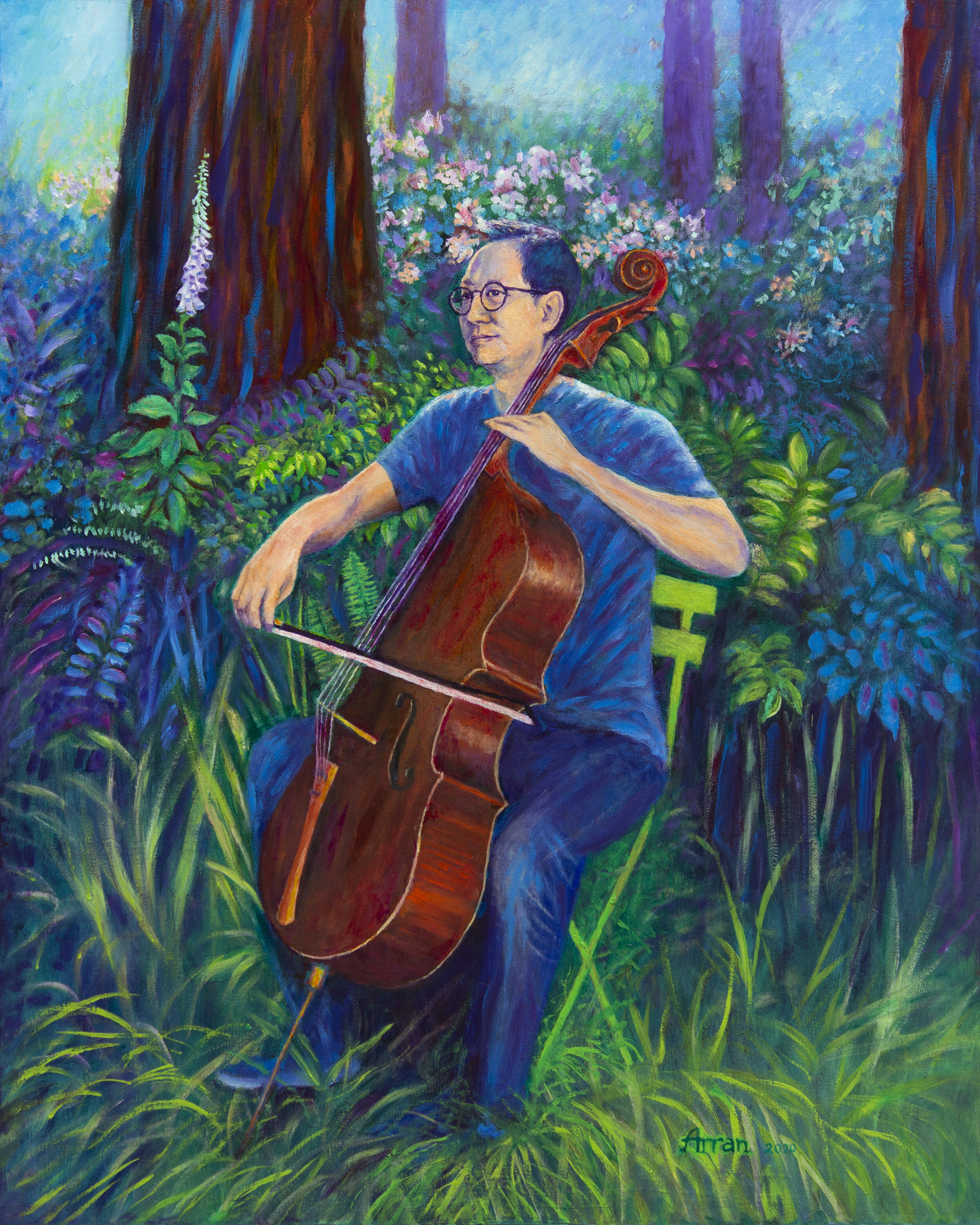 Santa Ono in the redwoods of Shalimar with his beloved cello