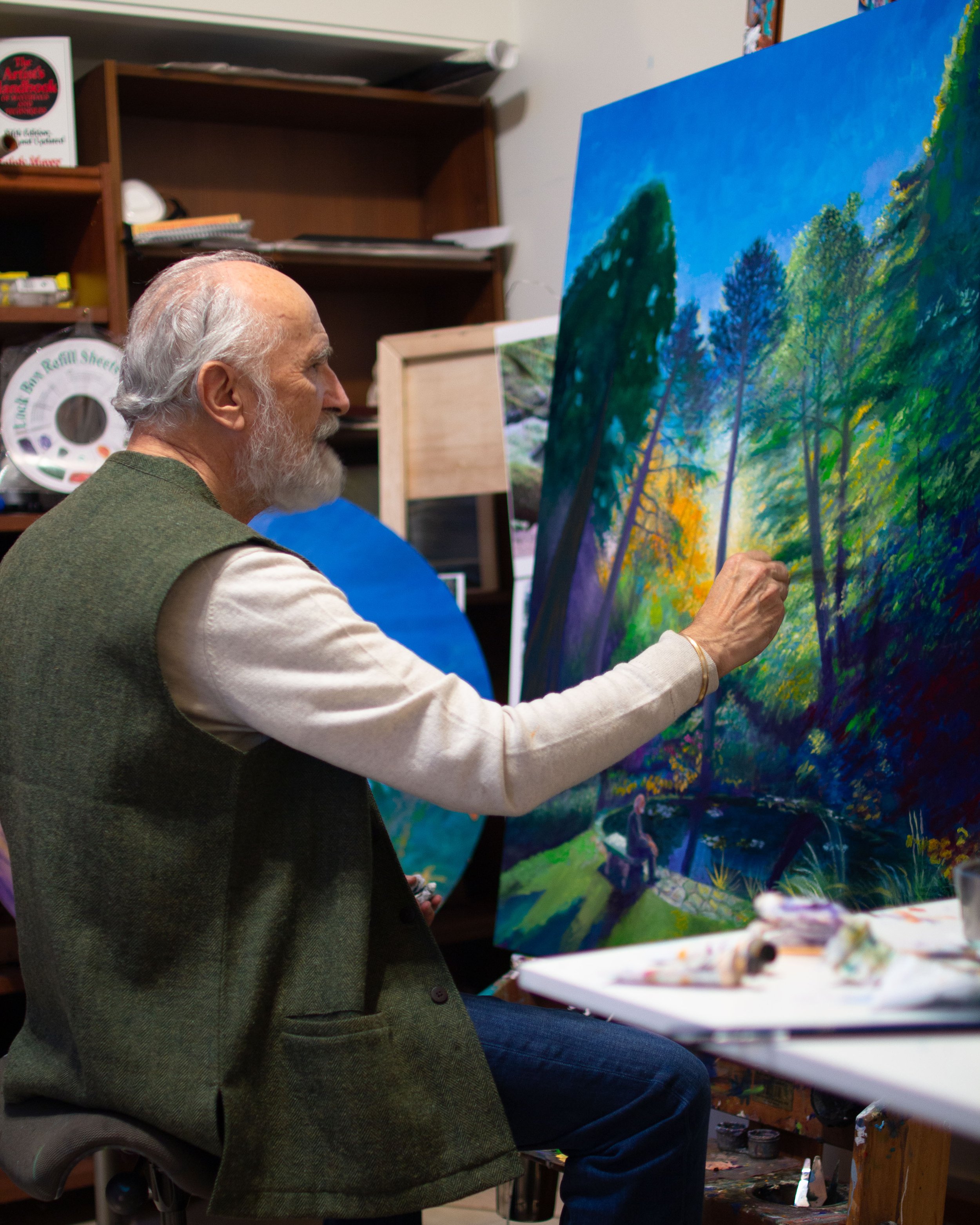 in the Studio, working on "Old Man Sitting by Shalimar Pond
