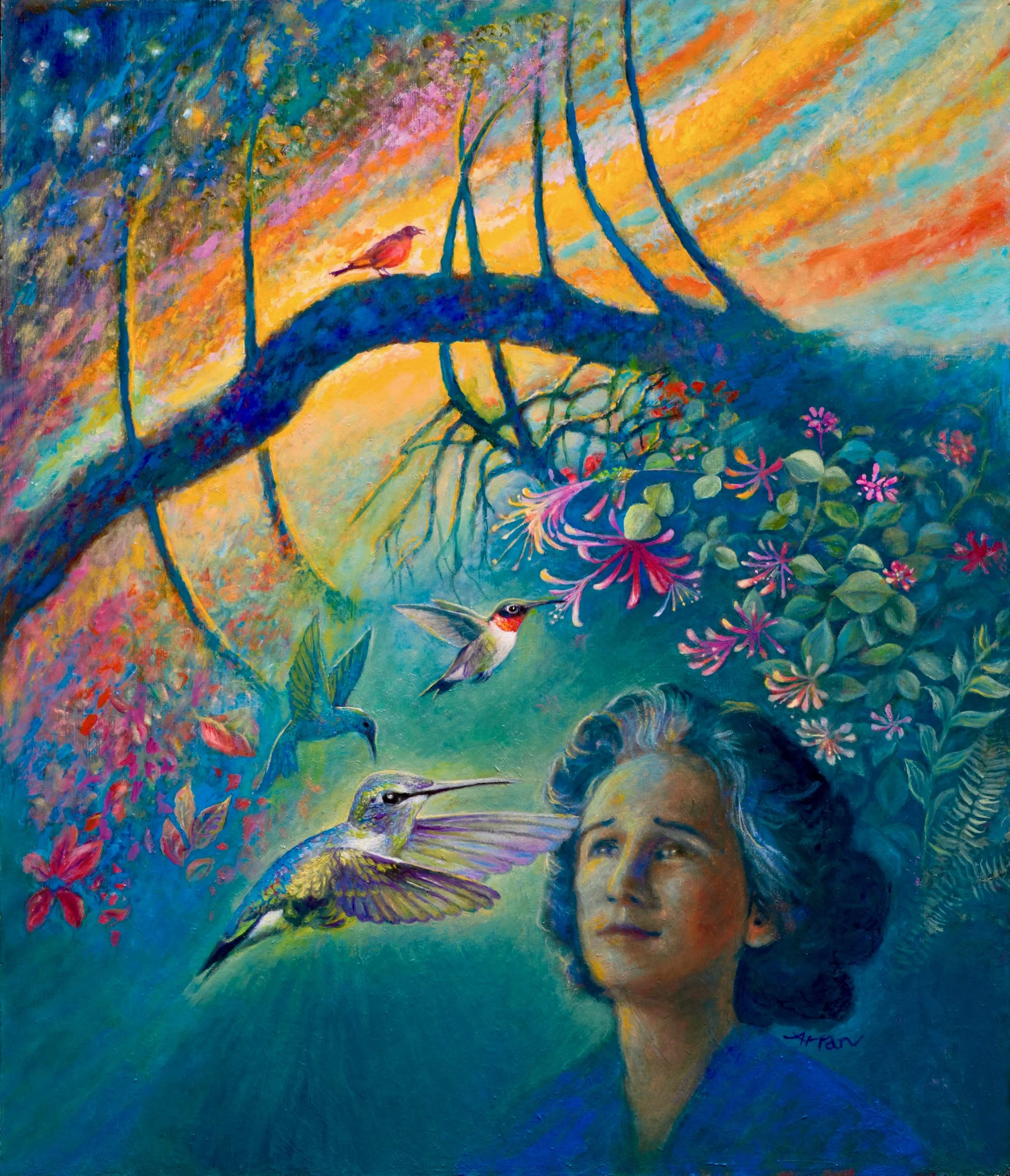 #9 in the Goldstream Series  Oil on masonite, 2016-2025.  24” x 28” My dear Mum was a true lover of nature and all things beautiful, including the chirping of a robin in the sun.