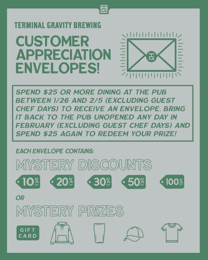 Exciting news, friends! 💌 Starting today through February 5th, when you dine in at the pub and spend $25 or more, you will be rewarded with a customer appreciation envelope! These envelopes contain discounts for the pub, ranging from 10% to 100% off