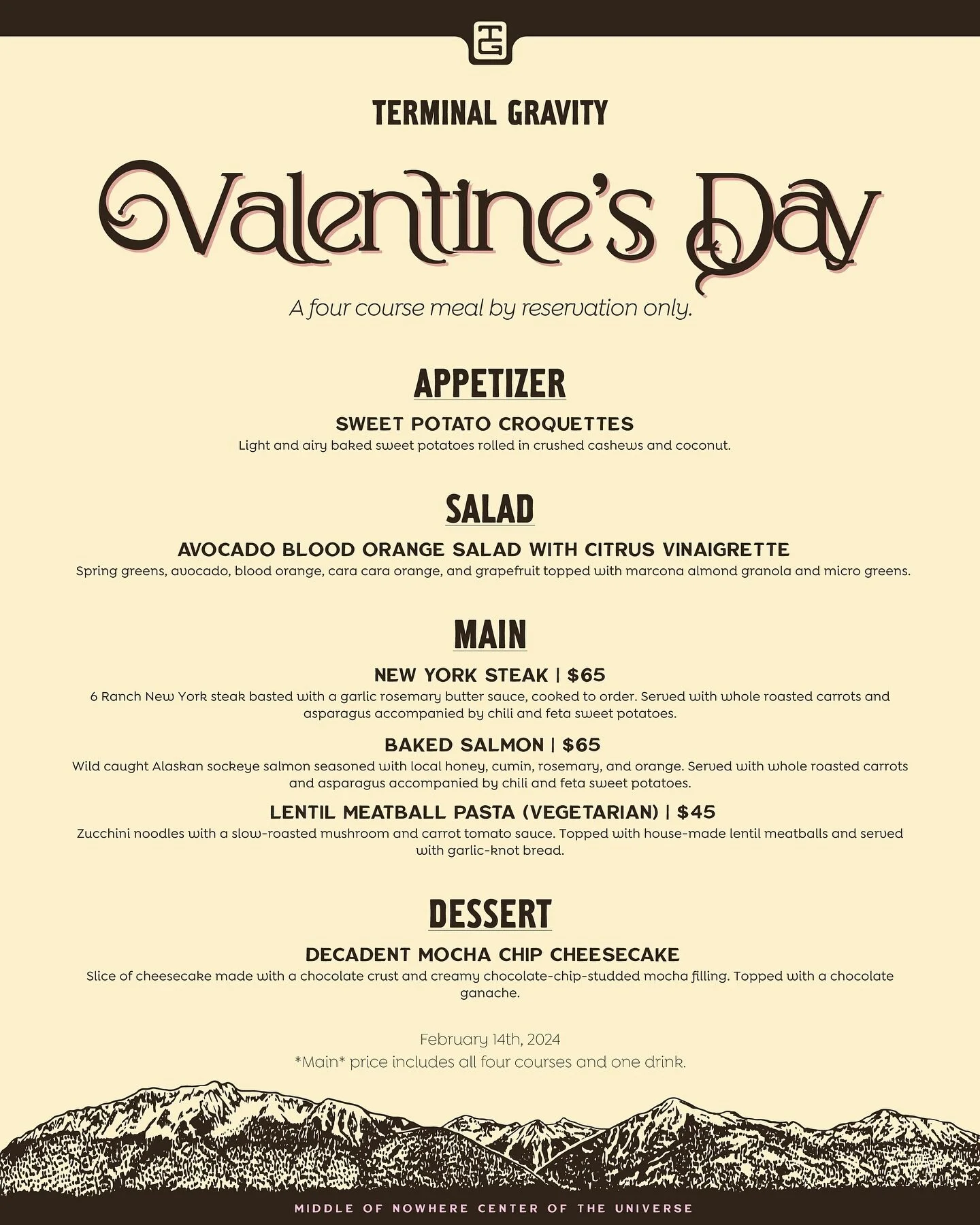 Celebrate love and indulge in a culinary experience this Valentine&rsquo;s Day (February 14th) at the pub! Join us for a four course meal with three options for your main - 6 Ranch New York Steak, Wild-Caught Alaskan Sockeye Salmon, or House-Made Len