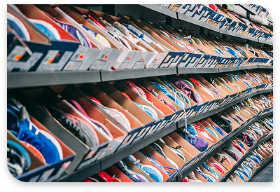 Rows of colorful athletic sneakers displayed in open cardboard boxes on slanted metal shelves in a retail store.