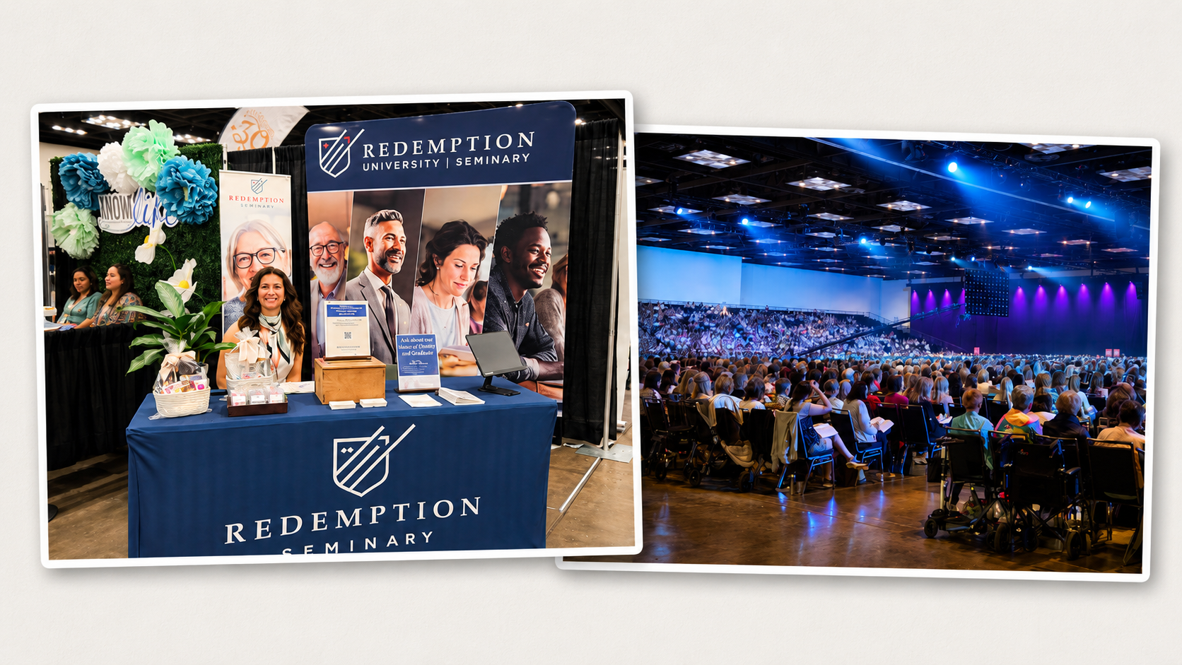A collage of pictures of the Redemption Seminary booth and the audience at the Gospel Coalition Women's Contference
