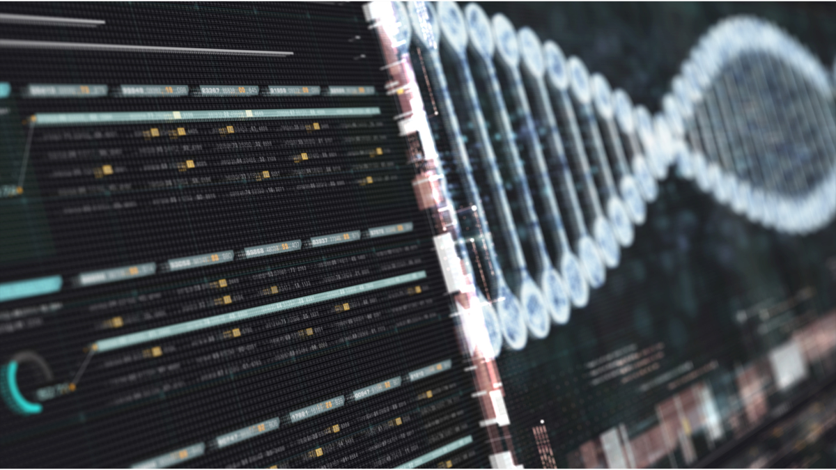 Digital screen displaying horizontal genomic data tracks alongside a glowing 3D DNA double helix.