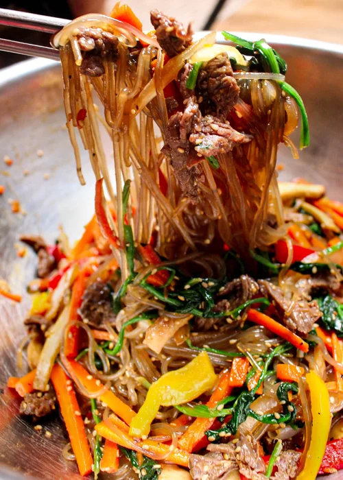 Korean japchae glass noodles vegetables beef