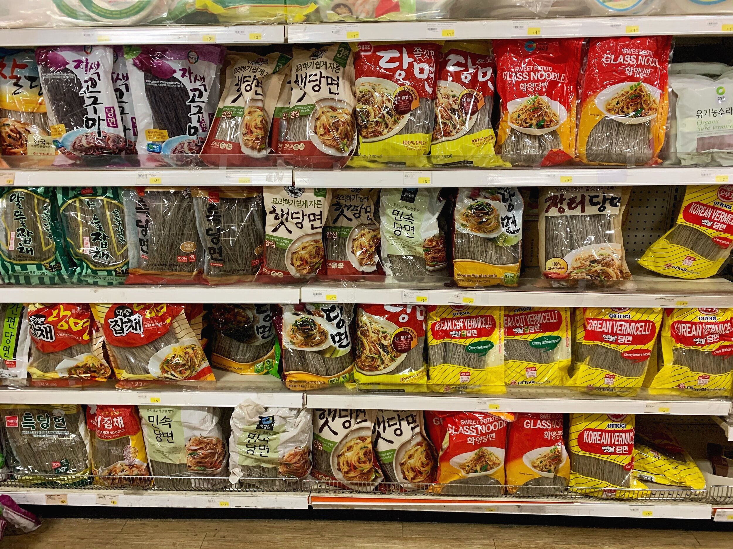 Aisle of Korean Glass Noodles at Korean grocery store