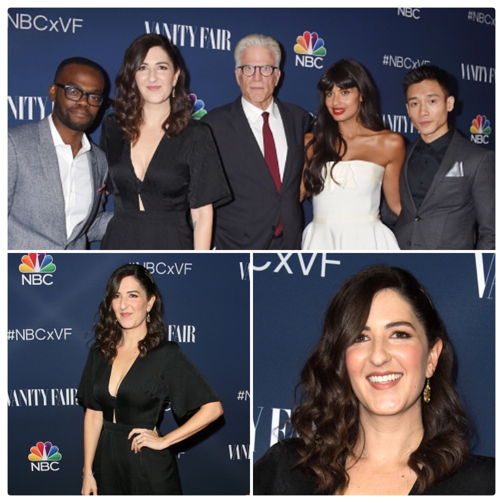 D'Arcy Carden and cast of The Good Place on red carpet, posing in black dress, makeup by Betsy Kelly Beauty