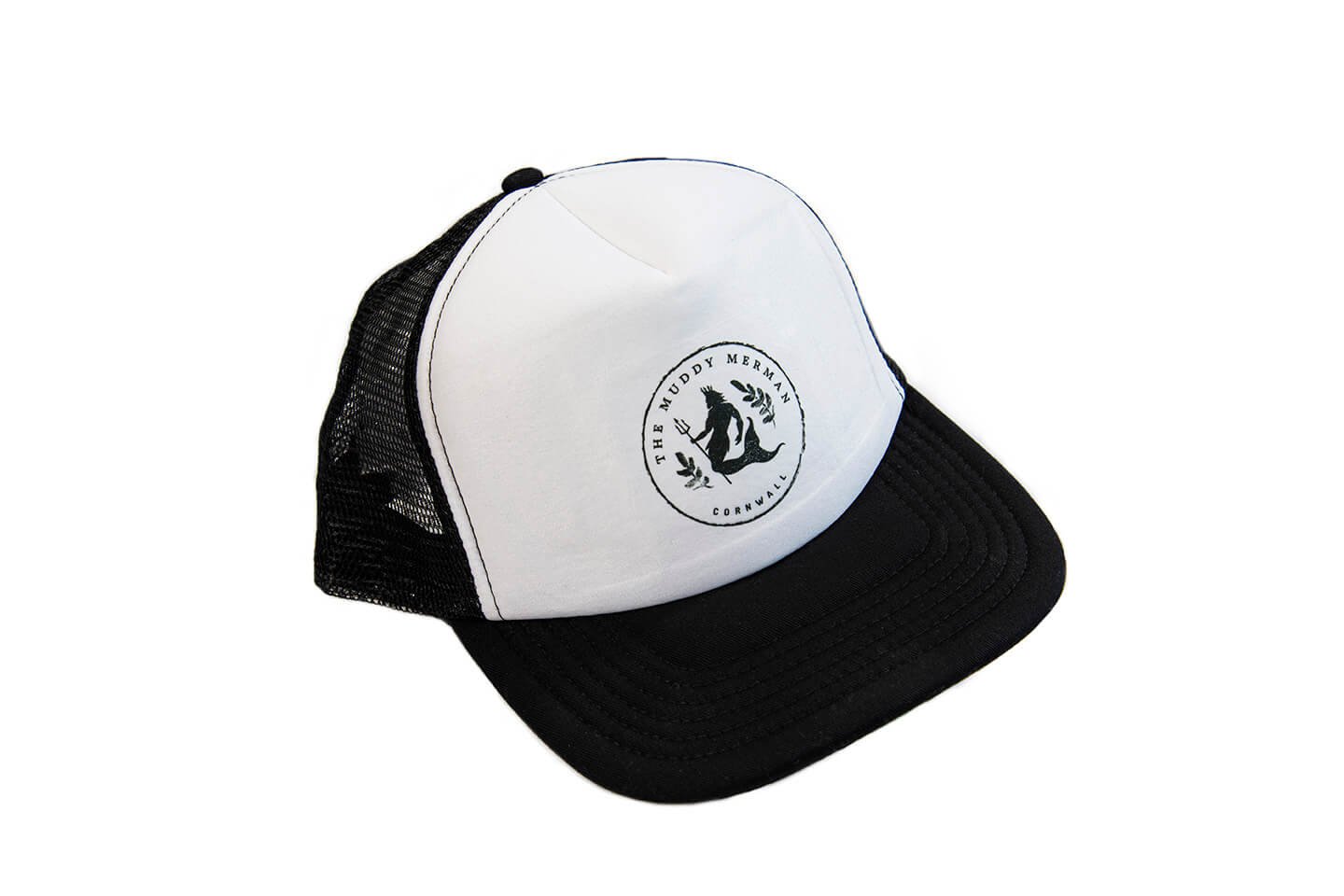 black and white trucker style cap with Muddy Merman logo on the front