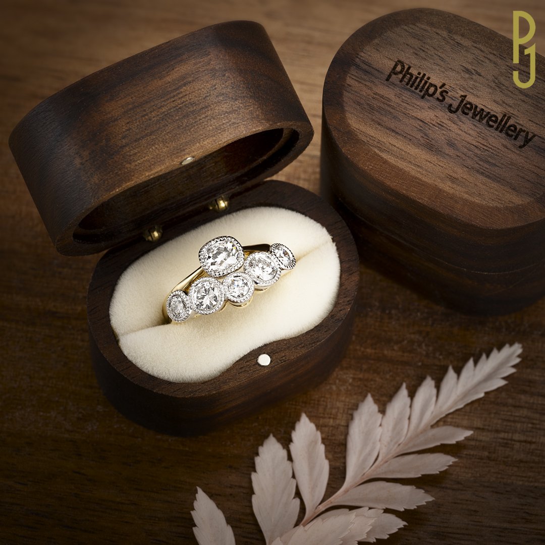 Custom Designed Engagement Ring Eternity Band Old Mine Cut Diamonds Millgrain Edge Platinum Yellow Gold Philip's Jewellery Mackay .jpg