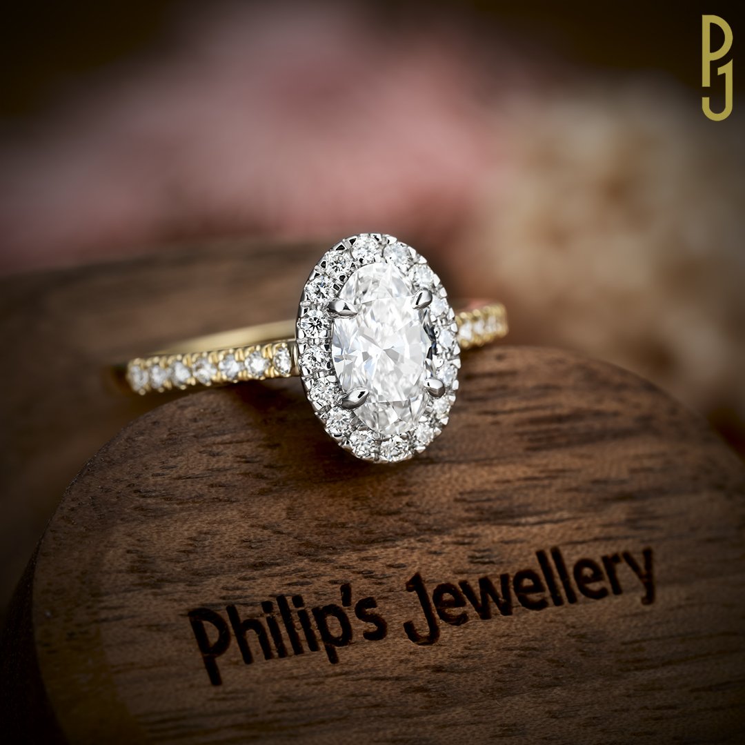 Custom Designed Engagement Ring Oval Brilliant Diamond Halo Platinum Yellow Gold Philip's Jewellery Mackay .jpg