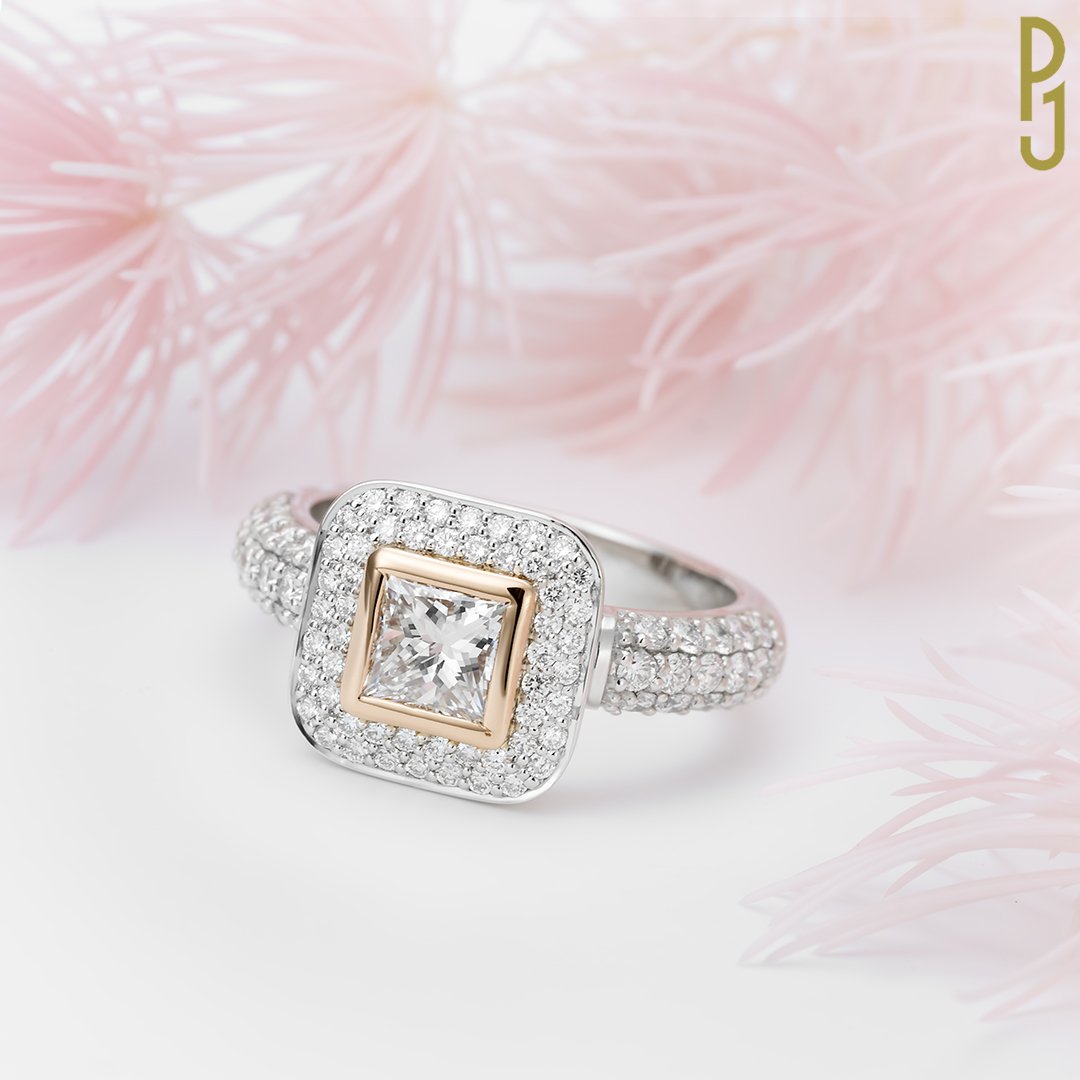 Custom Designed Engagement Ring Princess Cut Diamond Bezel Set Double Halo Rose Gold Platinum Philip's Jewellery Mackay.jpg