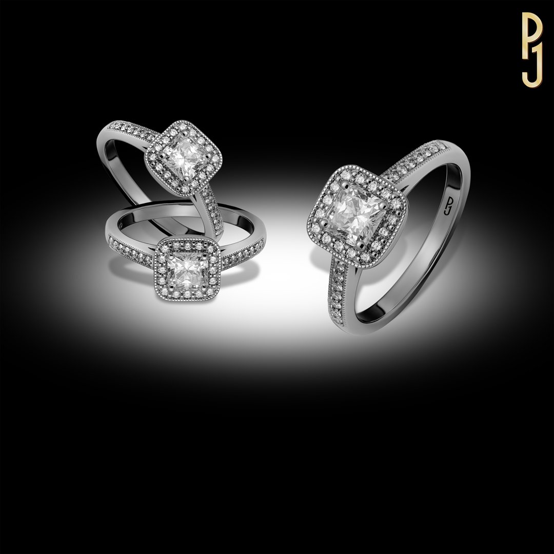 Custom Designed Engagement Ring Radiant Cut Diamond Halo Millgrain Edge Philip's Jewellery Mackay.jpg
