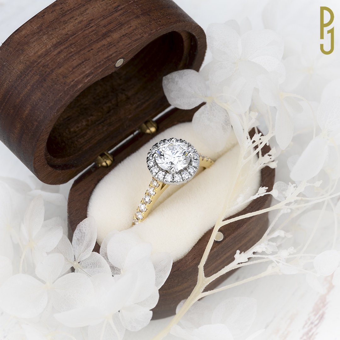 Custom-Designed Engagement Ring Round Brilliant Cut Diamond Halo Diamond Band Platinum Yellow Gold Philip's Jewellery Mackay .jpg