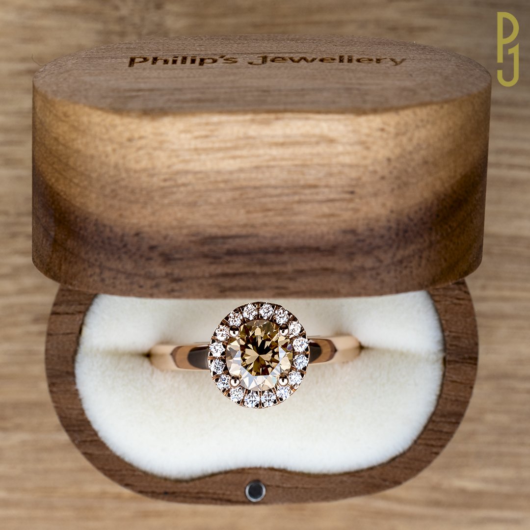 Custom Designed Engagement Ring Certified Argyle Chocolate Diamond Round Brilliant Cut Halo Rose Gold Philip's Jewellery Mackay.jpg