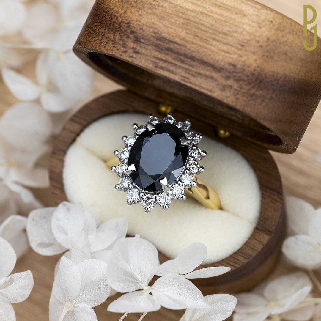 Custom Desiged Engagement Ring Australian Sapphire Oval Diamond Halo Philip's Jewellery Mackay.jpg