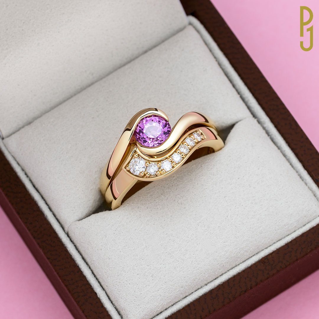 Custom Designed Engagement Ring & Wedding Band Madagascar Pink Sapphire Diamonds Wave Yellow Gold Philip's Jewellery Mackay .jpg