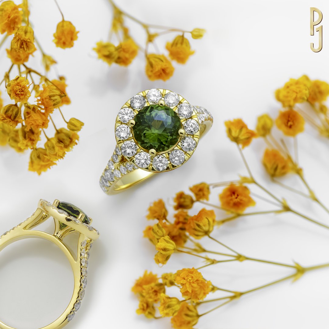 Custom Designed Engagement Ring Australian Green Sapphire Diamond Halo Yellow Gold Philip's Jewellery Mackay.jpg