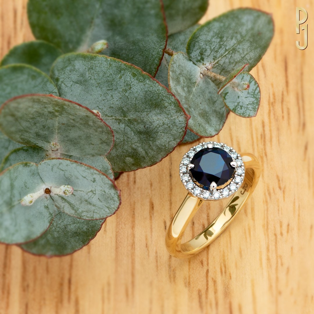 Custom Designed Engagement Ring Australian Sapphire Blue Round Diamond Halo Platinum Yellow Gold Philip's jewellery Mackay.jpg