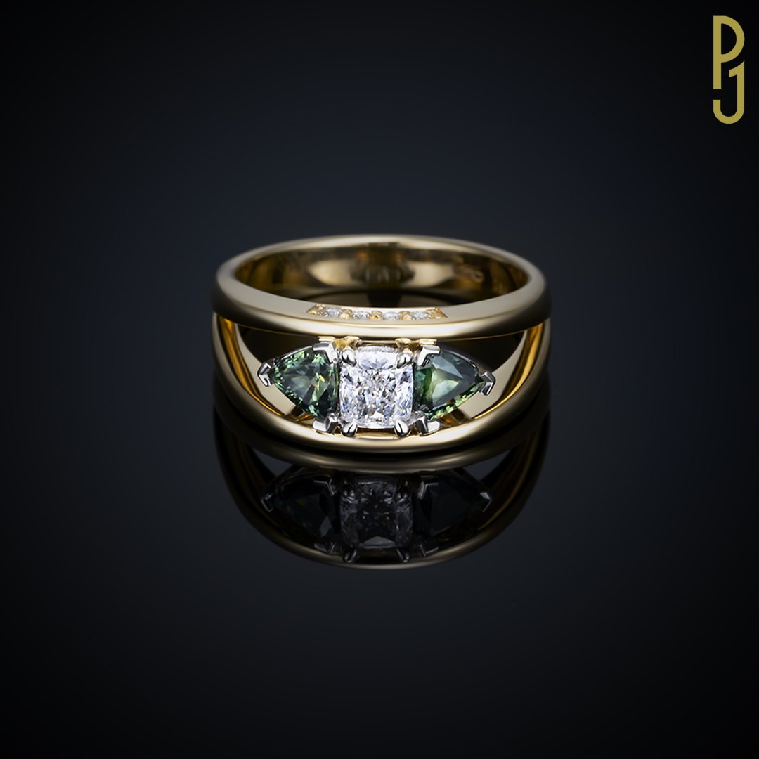 Custom Designed Engagement Ring Australian Sapphire Cushion Trillion Diamonds Three Stone Tention Style Philip's Jewellery Mackay.jpg